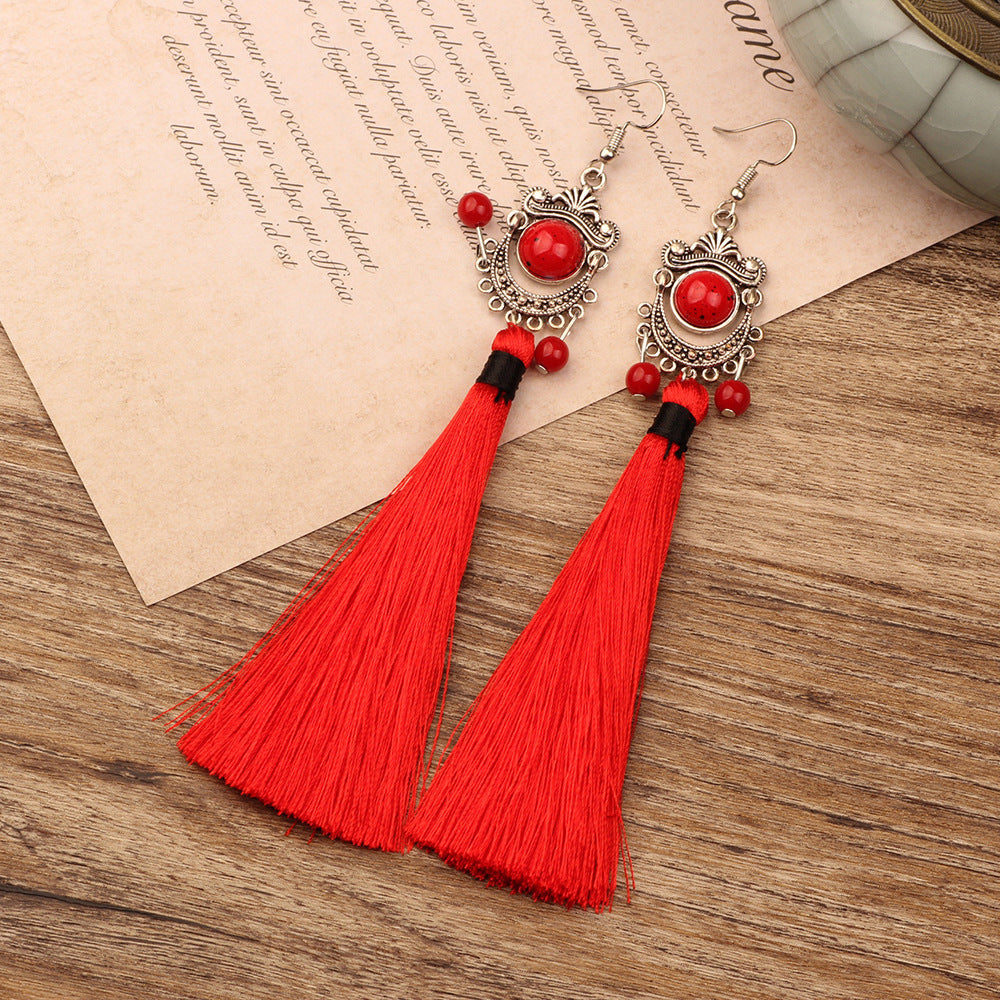 Bohemian Style Ethnic Style Earrings, Red Long Tassels