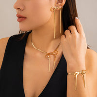 Women's Metal Ribbon Bow Stud Earrings Necklace Bracelet Set