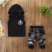 2PCS Toddler Kids Baby Boy Sleeveless Hooded Clothes T-shirt Tops Camo Pants Outfits