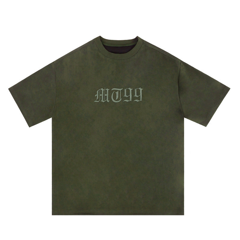 Retro Alphabet Embroidered Suede Round Neck Short Sleeve T-shirt