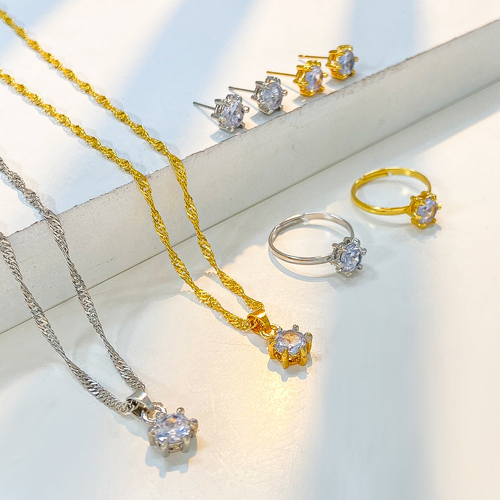 Simple Hexaclaw Zircon Three-piece Suit Fashionable Temperament Single Diamond Suit Necklace Ring Stud Earrings