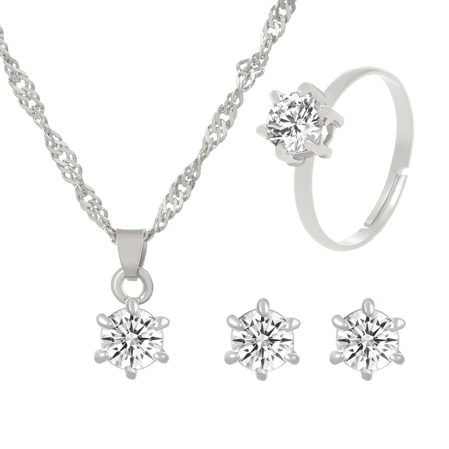 Simple Hexaclaw Zircon Three-piece Suit Fashionable Temperament Single Diamond Suit Necklace Ring Stud Earrings