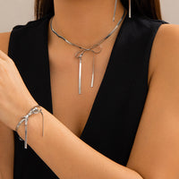 Women's Metal Ribbon Bow Stud Earrings Necklace Bracelet Set
