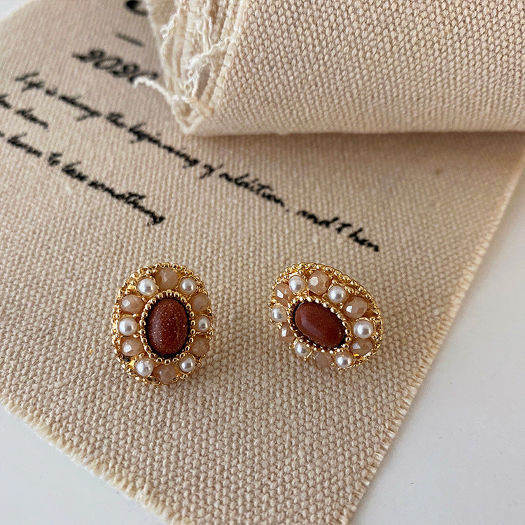French Retro Natural Stone Crystal Pearl Stud Earrings