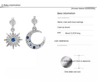 Silver Stud Rhinestone-encrusted Asymmetric Star And Moon Stud Earring Fashion Simple