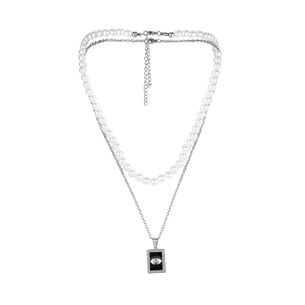 Stylish And Simple Personality All-match Stainless Steel Square Plate Eye Pearl Necklace