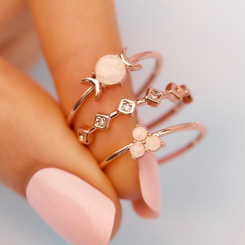 European And American New Fashion Simple Moon Opal Three-piece Set Combined Ring Set Women