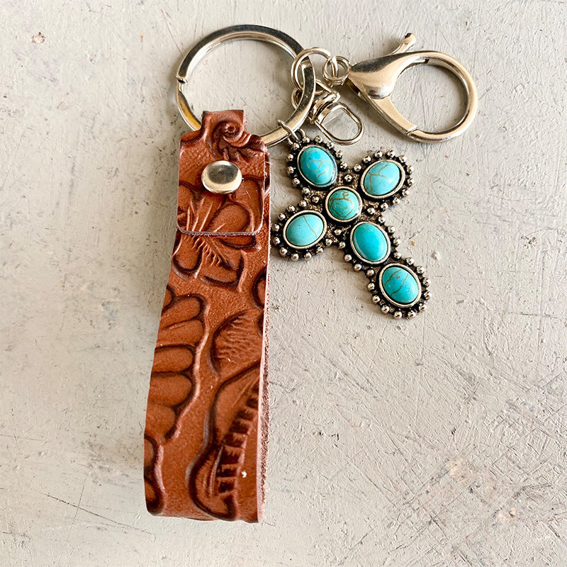 Retro Embossing Cowhide Western Style Turquoise Pumpkin Flowers Pendant Texture Keychain