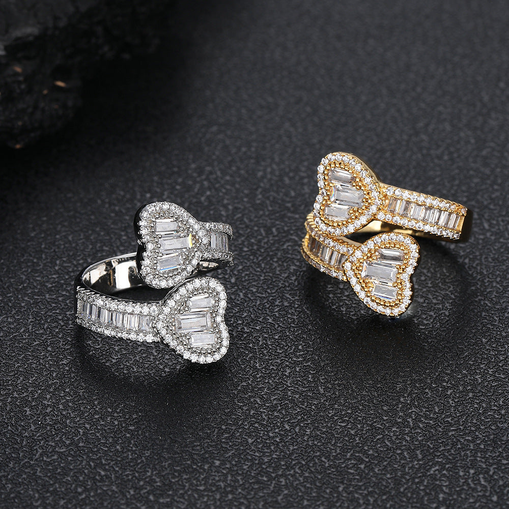 Square And Round Mixed Inlaid Zircon Hip Hop Love Heart-shaped Ring