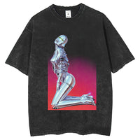 Women's Robot Printed T-shirt American Washed Old Short Sleeve