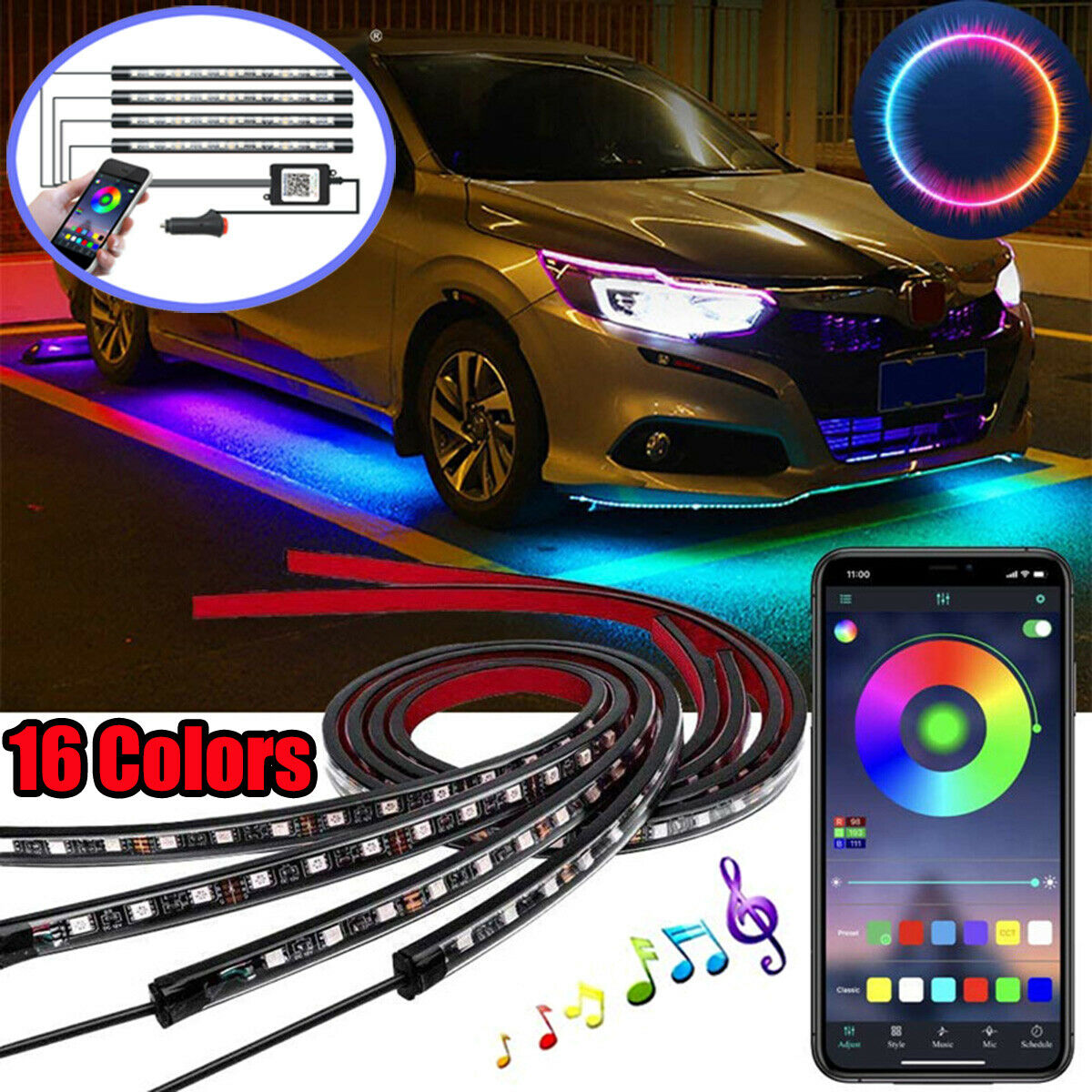 Auto LED RGB Interior Atmosphere Strip Light Decorative Foot Lamp With USB Wireless Remote Music Control Multiple Modes For Car