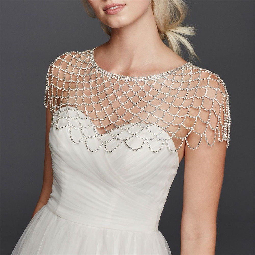 Fashion Rhinestone Mesh Hollow Out Long Fringe Pendant Shoulder Chain Bridal Wedding Evening Dress Crystal Shawl