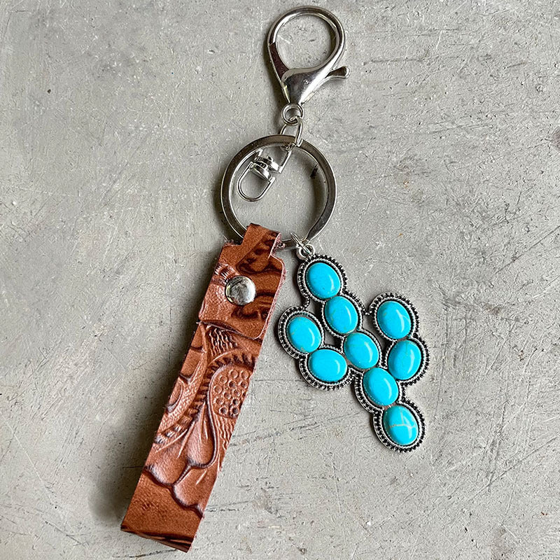 Retro Embossing Cowhide Western Style Turquoise Pumpkin Flowers Pendant Texture Keychain